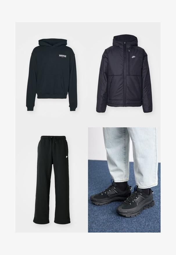 Crna Nike jakna s podstavom, dugmadi sprijeda i kapuljačom. Ima bijeli logotip na lijevoj strani prsnog koša i dva prednja džepa. Glatka vanjska tekstura.; Legacies JUVENTUS TURIN ETHOS HOOD - Klupska odjeća - black; Crne dukserice od mekog materijala, s elastičnim pojasom s podešavanjem i malim logom sa strane.; Crne atletske cipele s teksturiranom tkaninom i gumene potplate, s elastičnim vezicama i plavim akcentom na peti. Nosene su s svijetlim trapericama.