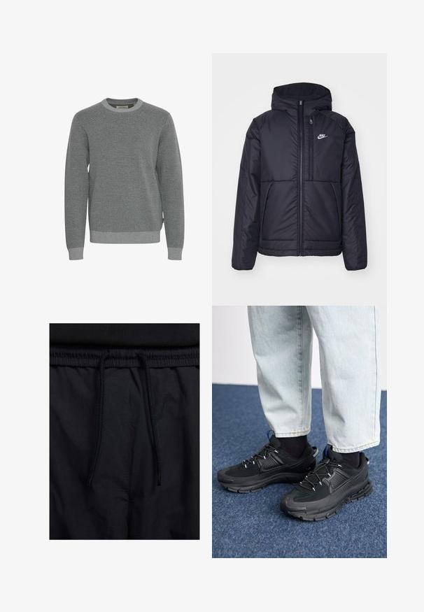 Svart, polstret Nike-jakke med frontglidelås og hette. Har en hvit logo på venstre bryst og doble frontlommer. Glatt ytterside.; Grå strikkegenser med rund hals, lange ermer og ribbestrikkede mansjetter. Har et strukturert stoff og et subtle mønster gjennom hele.; Sorte shorts med snor i livet, lett stoff med en jevn tekstur, og et enkelt design uten synlige logoer eller mønstre.; Svarte sportssko med teksturert stoff og gummisåler, med elastiske lisser og en blå detalj på hælen. Brukt med lyse denimbukser.