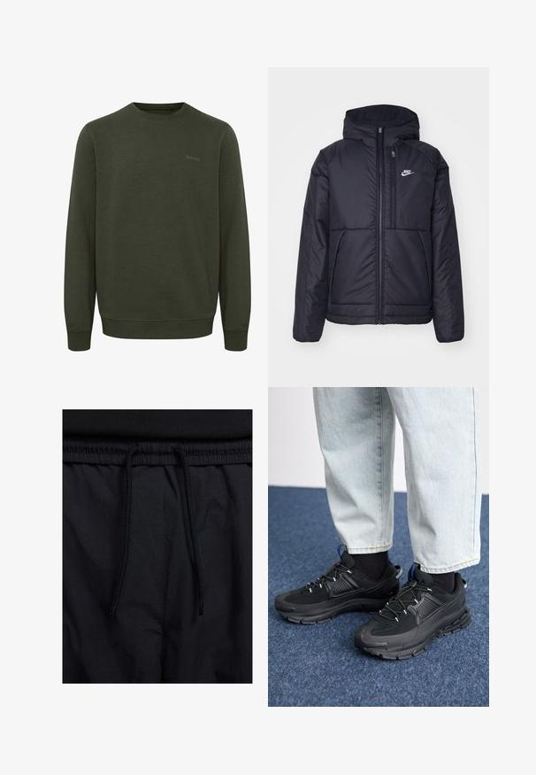 Fekete, párnázott Nike dzseki elülső cipzárral és kapucnival. A bal mellen fehér logó található, valamint két elülső zseb. Simának tűnő külső felület.; Olíva zöld pulóver puha anyagból, kerek nyakkal, hosszú ujjal és bordázott mandzsettával. Diszkrét, azonos színű "blend" logóval.; Fekete rövidnadrág, húzózsinórral ellátott derékrésszel, könnyű anyagból, sima felszínen, egyszerű dizájnnal, látható logók vagy minták nélkül.; Fekete sportcipők texturált anyaggal és gumitalppal, elasztikus fűzőkkel és kék kiegészítővel a saroknál. Világos farmernadrággal viselve.