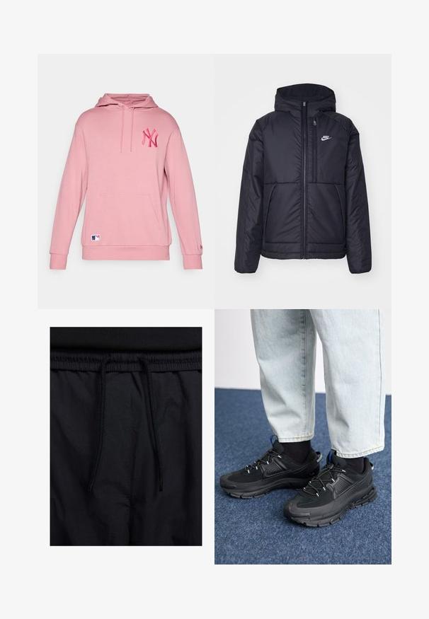 Casaco Nike preto, acolchoado, com fecho à frente e capuz. Apresenta um logo branco no lado esquerdo do peito e dois bolsos frontais. Textura exterior lisa.; Moletom rosa com bolsa tipo canguru e punhos canelados, apresentando um logótipo NY bordado no peito e uma pequena etiqueta da MLB na parte inferior.; Calções pretos com um cós elástico ajustável, fabricados em tecido leve com uma textura suave e um design simples, sem logótipos ou padrões visíveis.; Sapatilhas desportivas pretas com tecido texturizado e solas em borracha, apresentando atacadores elásticos e um detalhe azul no calcanhar. Usadas com calças de ganga claras.
