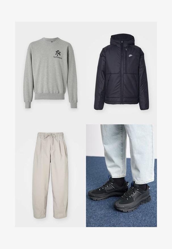 Must musta Nike jope, millel on ees lukuga avamine ja kapuuts. Vasakpoolne rind on kaunistatud valge logoga ning ees on kaks taskut. Sile välimine tekstuur.; Hallukrae neelu kättevõtted ja ääred. Ees on mustade grafikatega: kiri "R" ja "No Problemo" vasakul rinnal.; Beeži, kerged püksid elastse vöökoha ja nööriga. Omavad voldikuid ja laia istuvust, valmistatud pehmest, siledast kangast.; Mustad mustad jooksukingad, millel on tekstureeritud kangas ja kummist tallad, elastsed nöörid ning sinine aksent kandadel. Kandmine heledate teksadega.