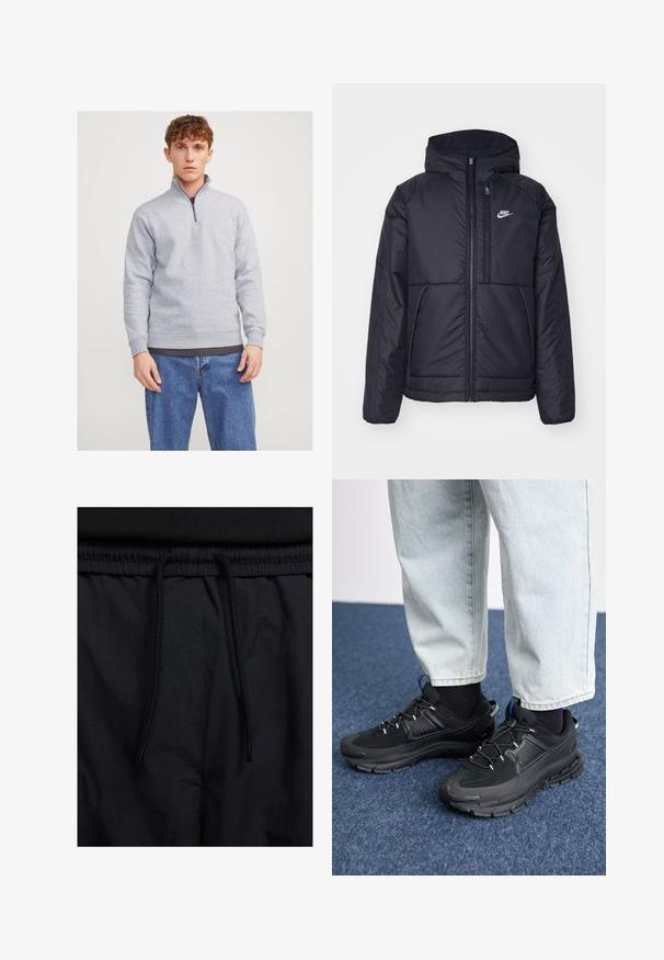 Fekete, párnázott Nike dzseki elülső cipzárral és kapucnival. A bal mellen fehér logó található, valamint két elülső zseb. Simának tűnő külső felület.; Szürke pulóver, félig cipzáros gallérral, puha anyagból készült. Bordázott mandzsettákkal és aljjal rendelkezik, sötét pólóval és kék farmerrel viselik.; Fekete rövidnadrág, húzózsinórral ellátott derékrésszel, könnyű anyagból, sima felszínen, egyszerű dizájnnal, látható logók vagy minták nélkül.; Fekete sportcipők texturált anyaggal és gumitalppal, elasztikus fűzőkkel és kék kiegészítővel a saroknál. Világos farmernadrággal viselve.