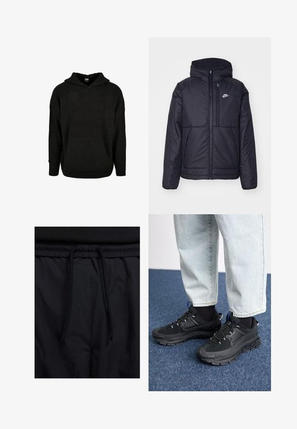 Musta, pehmustettu Nike-takki, jossa on etuvetoketju ja huppu. Vasemmassa rinnassa on valkoinen logo ja takissa on kaksinkertaiset etutaskut. Pintakoe on sileä.; Mustapintu ribattua neulehupparia, jossa on etutasku ja kiristettävä huppu. Ominaisuuksia ovat löysä istuvuus ja kuvioitu pinta kankaassa.; Mustat shortsit, joissa on naru vyötäröllä, kevyestä kankaasta valmistettu, sileä tekstuuri ja yksinkertainen muotoilu ilman näkyviä logoja tai kuvioita.; Mustat urheilukengät, joissa on teksturoitu kangas ja kumipohjat, elastiset nauhat ja sininen yksityiskohta kannassa. Yhdistetty vaaleisiin farkkuihin.