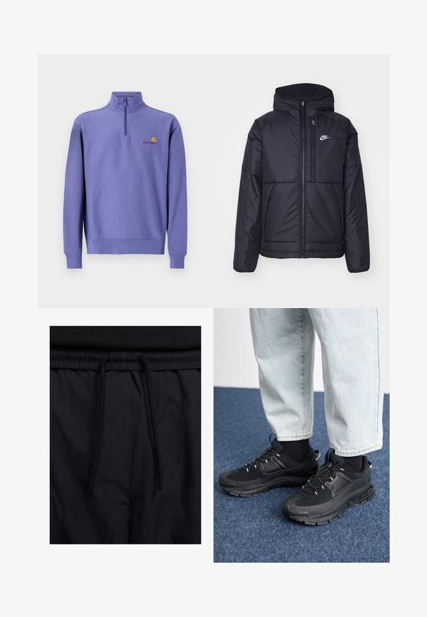 Must musta Nike jope, millel on ees lukuga avamine ja kapuuts. Vasakpoolne rind on kaunistatud valge logoga ning ees on kaks taskut. Sile välimine tekstuur.; Lilla fliispullover, millel on poolsiin ja soonikkoes varrukad ning alläär. Ees on väike kollane logo ja brändi nimi. Sile tekstuur.; Mustad lühikesed püksid, millel on paelaga vöökoht, kerge kangas, mis on sileda tekstuuriga ning lihtne disain ilma nähtavate logode või mustriteta.; Mustad mustad jooksukingad, millel on tekstureeritud kangas ja kummist tallad, elastsed nöörid ning sinine aksent kandadel. Kandmine heledate teksadega.