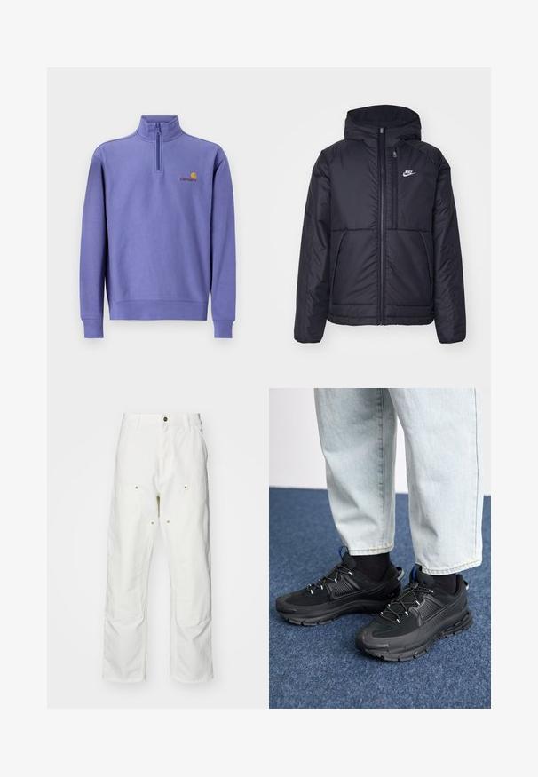 Svart, polstret Nike-jakke med frontglidelås og hette. Har en hvit logo på venstre bryst og doble frontlommer. Glatt ytterside.; Lilla fleece-pullover med halv glidelås, ribbestrikkede mansjetter og hem. Har en liten gul logo og merke navn på brystet. Glatt tekstur.; Hvite bomullscargo bukser med avslappet passform. Funksjoner inkluderer frontlommer, gullfargede detaljer og forsterkede knepartier.; Svarte sportssko med teksturert stoff og gummisåler, med elastiske lisser og en blå detalj på hælen. Brukt med lyse denimbukser.