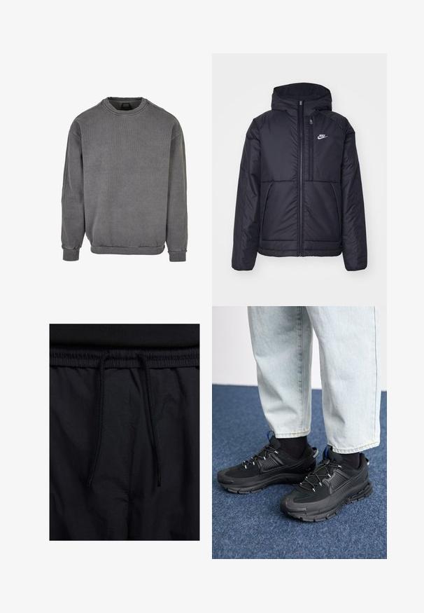 Svart, polstret Nike-jakke med frontglidelås og hette. Har en hvit logo på venstre bryst og doble frontlommer. Glatt ytterside.; Grå hettegenser i et mykt, teksturert stoff. Har rund hals, lange ermer og ribbestrikkede mansjetter og hem. Minimalistisk design uten mønstre.; Sorte shorts med snor i livet, lett stoff med en jevn tekstur, og et enkelt design uten synlige logoer eller mønstre.; Svarte sportssko med teksturert stoff og gummisåler, med elastiske lisser og en blå detalj på hælen. Brukt med lyse denimbukser.