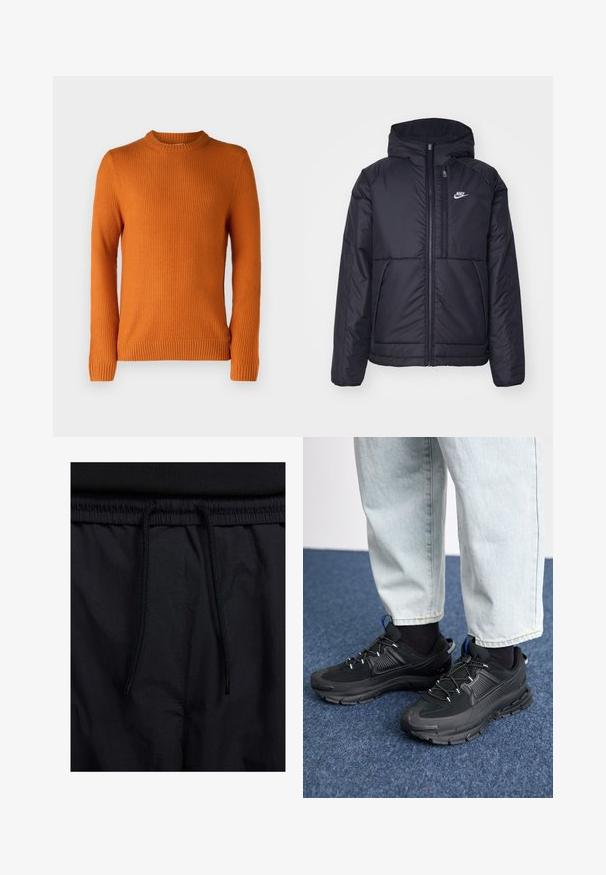 Melna, pufota Nike jaka ar priekšējo rāvējslēdzēju un kapuci. Iezīmēta ar baltu logotipu uz kreisās krūtis un divām priekšējām kabatām. Gluda ārējā tekstūra.; Jack & Jones JJROY KNIT CREW NECK - Džemperis - marmalade; Melni šorti ar sašūtu jostu, viegls audums ar gludu tekstūru un vienkāršs dizains bez redzamiem logotipiem vai paraugiem.; Melni sporta apavi ar strukturētu audumu un gumijas zoli, ar elastīgām auklām un zilu akcentu uz papēža. Nēsāti ar gaišām džinsu biksēm.