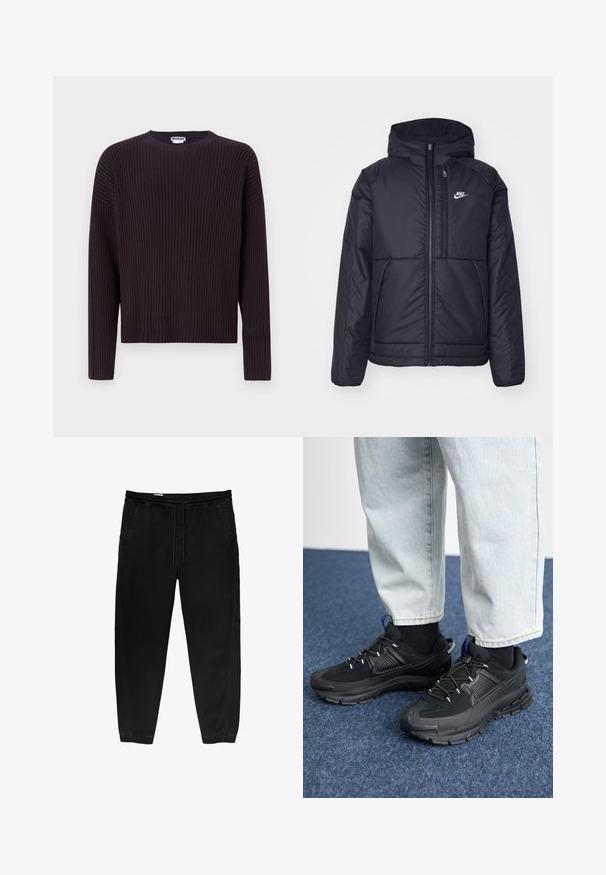 Crna Nike jakna s podstavom, dugmadi sprijeda i kapuljačom. Ima bijeli logotip na lijevoj strani prsnog koša i dva prednja džepa. Glatka vanjska tekstura.; Tamno ljubičasti rebrasti pleteni pulover s okruglim izrezom i dugim rukavima, s opuštenim krojem i teksturiranim materijalom.; Crne hlače s elastikom u struku i vezicom, sužene nogavice, bočne džepove i suptilne detalje šivanja s strane. Mekana pamučna tkanina.; Crne atletske cipele s teksturiranom tkaninom i gumene potplate, s elastičnim vezicama i plavim akcentom na peti. Nosene su s svijetlim trapericama.