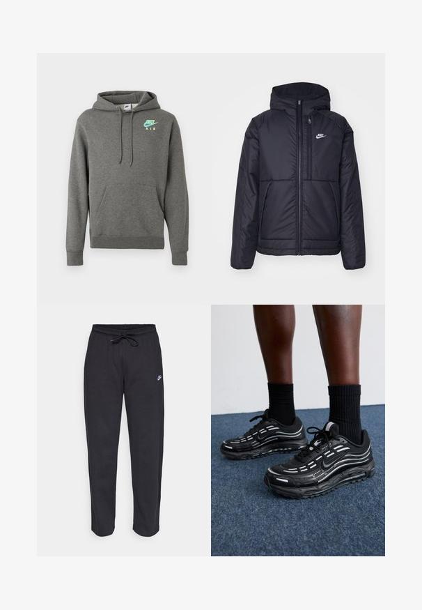 Melna, pufota Nike jaka ar priekšējo rāvējslēdzēju un kapuci. Iezīmēta ar baltu logotipu uz kreisās krūtis un divām priekšējām kabatām. Gluda ārējā tekstūra.; Tumši pelēks Nike Air džemperis ar priekšējo kabatu un neona zilu un dzeltenu logo kreisajā krūtī, parādīts uz baltas fona.; Melnas sporta bikses, kas izgatavotas no mīksta auduma, ar elastīgu jostu, auklu un mazu Nike logo uz kreisā augšstilba.; Melni Nike apavi ar sietveida augšdaļu, akcentējošām svītrām, teksturētām šņorēm un melnu gumijas zoli. Valkāti ar melniem ribota auduma zeķēm.