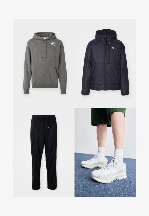 Casaco Nike preto, acolchoado, com fecho à frente e capuz. Apresenta um logo branco no lado esquerdo do peito e dois bolsos frontais. Textura exterior lisa.; Sweatshirt Nike Air em cinza escuro com bolso frontal e logotipo em azul-neon e amarelo no lado esquerdo do peito, exibido sobre fundo branco.; Calças casuais pretas com cordão na cintura, com bolsos laterais e corte reto, sobre um fundo simples.; Sapatos atléticos brancos com sobreposições texturizadas, sola espessa e detalhes em cinza. Usados com meias brancas até ao tornozelo e calções verdes sobre uma superfície azul.