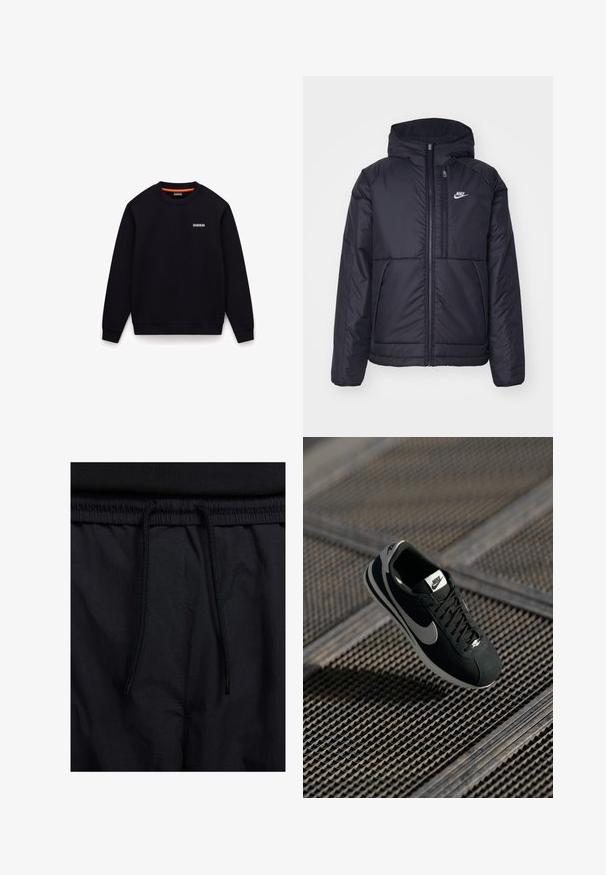 Černá zateplená bunda Nike s předním zipem a kapucí. Na levé straně hrudi má bílé logo a dvojité přední kapsy. Hladký povrch.; Černá mikina s kulatým výstřihem, dlouhými rukávy a žebrovanými manžetami. Má oranžový vnitřní límec a malé logo na hrudi.; Černé šortky s páskem na šňůrku, lehký materiál s hladkou texturou a jednoduchý design bez viditelných log nebo vzorů.; Černé tenisky Nike s šedými akcenty, z nubuku a síťoviny, s texturovanou podrážkou, úzkým tvarem a klasickým šněrovacím designem.