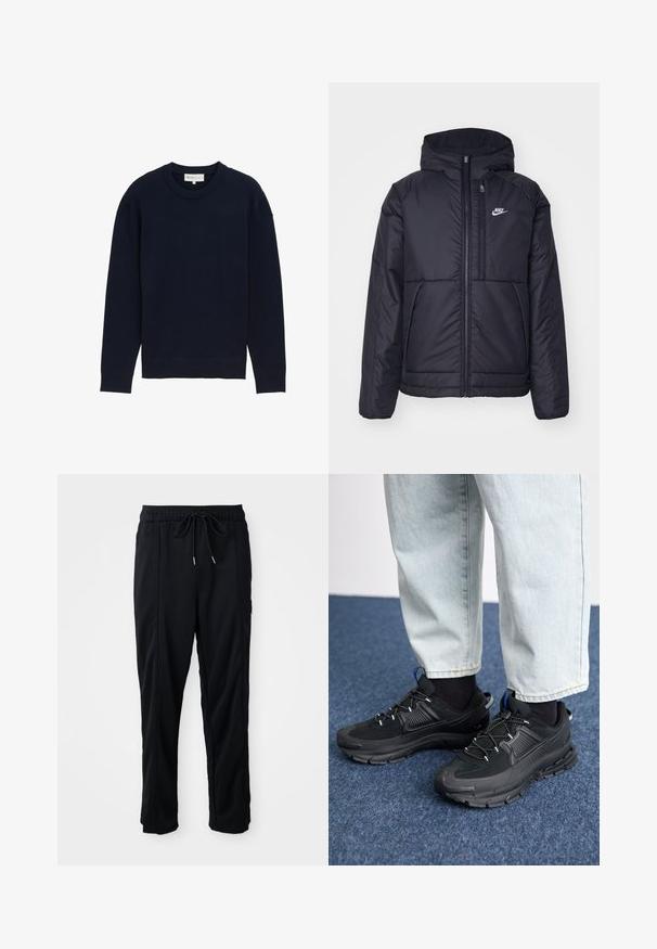 Juodas, paminkštintas Nike džemperis su priekyje užtrauktuku ir gobtuvu. Pasižymi balta logo kairėje krūtinės pusėje ir dviem priekinėmis kišenėmis. Su lygiu išoriniu paviršiumi.; Tamsiai mėlynas ilgomis rankovėmis megztinis su raišteliu aplink kaklą ir rankovių kraštais, rodomas prieš paprastą baltą foną.; Juodos laisvos kelnės su raišteliu liemens, šoninėmis kišenėmis ir tiesiu kirpimu ant vienodos fono.; Juodi sportiniai bateliai su tekstūruota medžiaga ir guminiais padais, su elastingomis raišteliais ir mėlynu akcentu ant kulno. Dėvimi su šviesiai mėlynomis džinsinėmis kelnėmis.