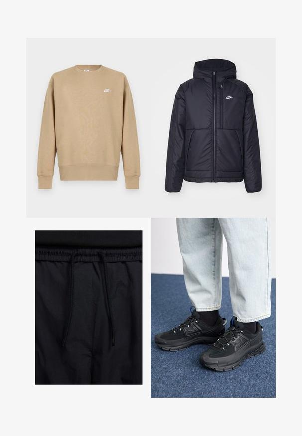 Fekete, párnázott Nike dzseki elülső cipzárral és kapucnival. A bal mellen fehér logó található, valamint két elülső zseb. Simának tűnő külső felület.; Halványbarna Nike pulcsi, kerek nyakkivágással, hosszú ujjal és fehér logóval a mellkason. Az anyaga lágy, sima textúrájú.; Fekete rövidnadrág, húzózsinórral ellátott derékrésszel, könnyű anyagból, sima felszínen, egyszerű dizájnnal, látható logók vagy minták nélkül.; Fekete sportcipők texturált anyaggal és gumitalppal, elasztikus fűzőkkel és kék kiegészítővel a saroknál. Világos farmernadrággal viselve.
