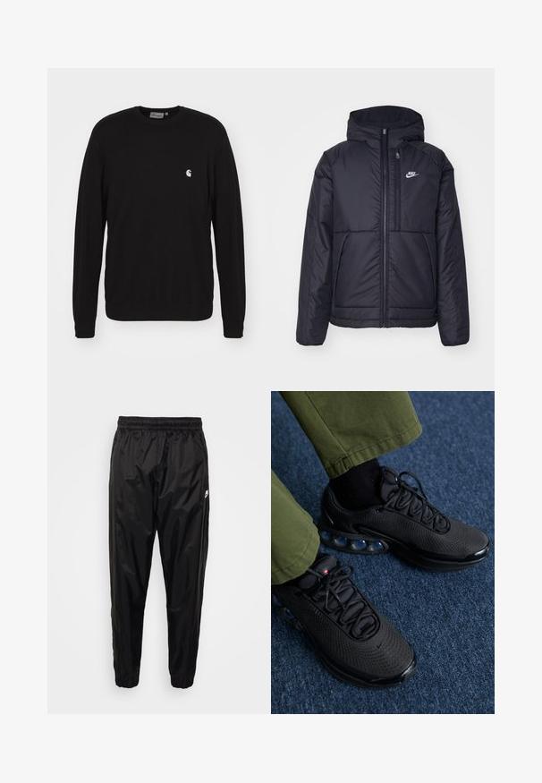 Crna Nike jakna s podstavom, dugmadi sprijeda i kapuljačom. Ima bijeli logotip na lijevoj strani prsnog koša i dva prednja džepa. Glatka vanjska tekstura.; Carhartt WIP Sportska majica - black; Crne trenirke od laganog, sjajnog materijala s elastičnom strukom, suženim krojem i džepovima sa zatvaračem. Sadrži naglasak na logo.; Crne atletske cipele s gornjim dijelom od mrežastog materijala, teksturiranom površinom i vidljivim zračnim jastučićima. Uparene s maslinasto zelenim hlačama i crnim čarapama.