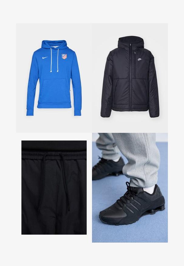Čierna, polstrovaná bunda Nike so zipsom vpredu a kapucňou. Na ľavej strane hrude sa nachádza biele logo a sú tu dva predné vrecká. Hladký vonkajší povrch.; Modrá mikina s kapucňou vyrobená z bavlnenej zmesi, s prednou kapsou a bielymi šnúrkami. Logo Nike na hornej ľavej strane, znak Atlético Madrid na hrudi.; Čierne šortky s pásom na stiahnutie, z ľahkej látky s hladkou textúrou a jednoduchým dizajnom bez viditeľných log alebo vzorov.; Osoba v čiernych teniskách Nike Shox a šedých teplákoch stojí na svetlomodrom koberci.