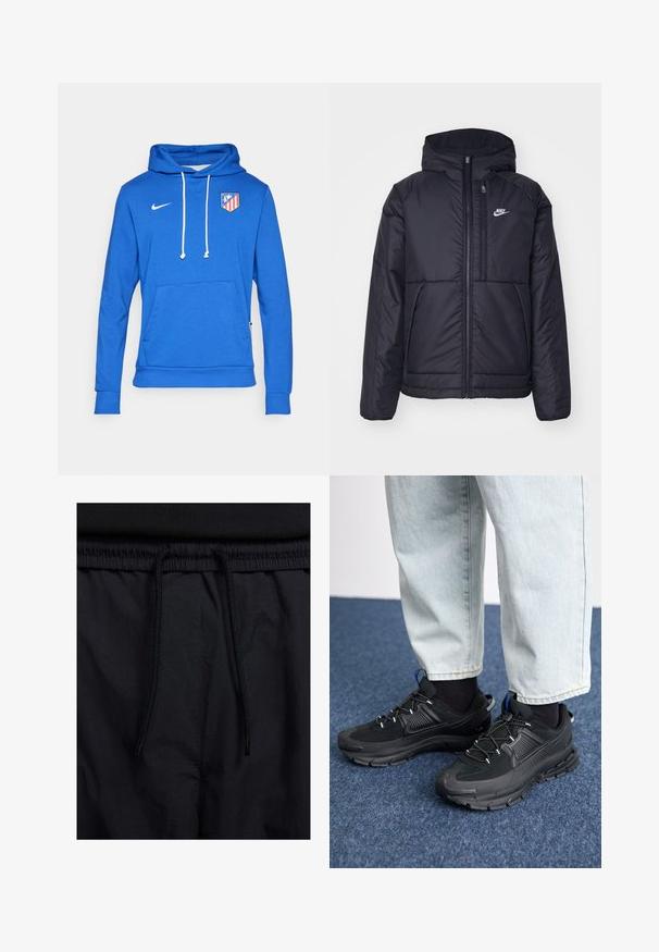 Zwarte, gewatteerde Nike-jas met een voorkant met ritssluiting en capuchon. Kenmerkt zich door een wit logo op de linkerborst en dubbele frontzakken. Gladde buitenkant.; Blauwe hoodie van een katoenmix, met een vozak pocket en witte koorden. Nike-logo op de bovenste linkerzijde, Atlético Madrid-embleem op de borst.; Zwarte shorts met een drawstring tailleband, lichtgewicht stof met een zachte textuur en een eenvoudig ontwerp zonder zichtbare logo's of patronen.; Zwarte sportschoenen met gestructureerde stof en rubberen zolen, met elastische veters en een blauwe accent op de hiel. Draag samen met lichte spijkerbroeken.