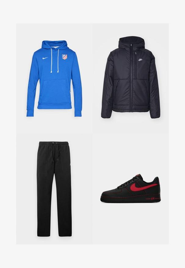 Zwarte, gewatteerde Nike-jas met een voorkant met ritssluiting en capuchon. Kenmerkt zich door een wit logo op de linkerborst en dubbele frontzakken. Gladde buitenkant.; Blauwe hoodie van een katoenmix, met een vozak pocket en witte koorden. Nike-logo op de bovenste linkerzijde, Atlético Madrid-embleem op de borst.; Zwarte sweatpants van fleece, met een elastische tailleband met trekkoorden, twee voorzakken en een klein logo op de dij.; Zwarte leren Nike Air Force 1 sneakers met rode accenten, voorzien van een gladde textuur, geperforeerde neus en contrasterende rode stiksel.