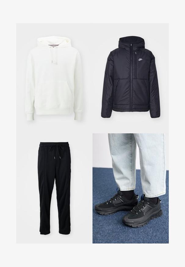 Giacca Nike nera, imbottita, con zip frontale e cappuccio. Presenta un logo bianco sul lato sinistro del petto e doppie tasche frontali. Texture esterna liscia.; Jordan JORDAN FLIGHT FLEECE - Felpa con cappuccio - sail; Pantaloni casual neri con elastico in vita, tasche laterali e taglio dritto su uno sfondo uniforme.; Scarpe sportive nere con tessuto testurizzato e suole in gomma, dotate di lacci elastici e un accento blu sul tallone. Indossate con pantaloni in denim chiaro.