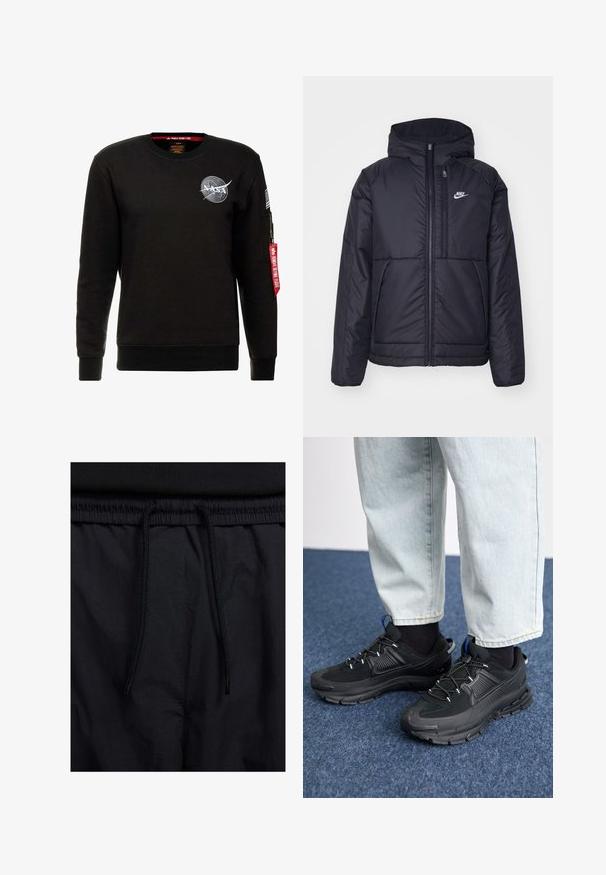 Casaco Nike preto, acolchoado, com fecho à frente e capuz. Apresenta um logo branco no lado esquerdo do peito e dois bolsos frontais. Textura exterior lisa.; Alpha Industries NASA - Camisola - schwarz; Calções pretos com um cós elástico ajustável, fabricados em tecido leve com uma textura suave e um design simples, sem logótipos ou padrões visíveis.; Sapatilhas desportivas pretas com tecido texturizado e solas em borracha, apresentando atacadores elásticos e um detalhe azul no calcanhar. Usadas com calças de ganga claras.