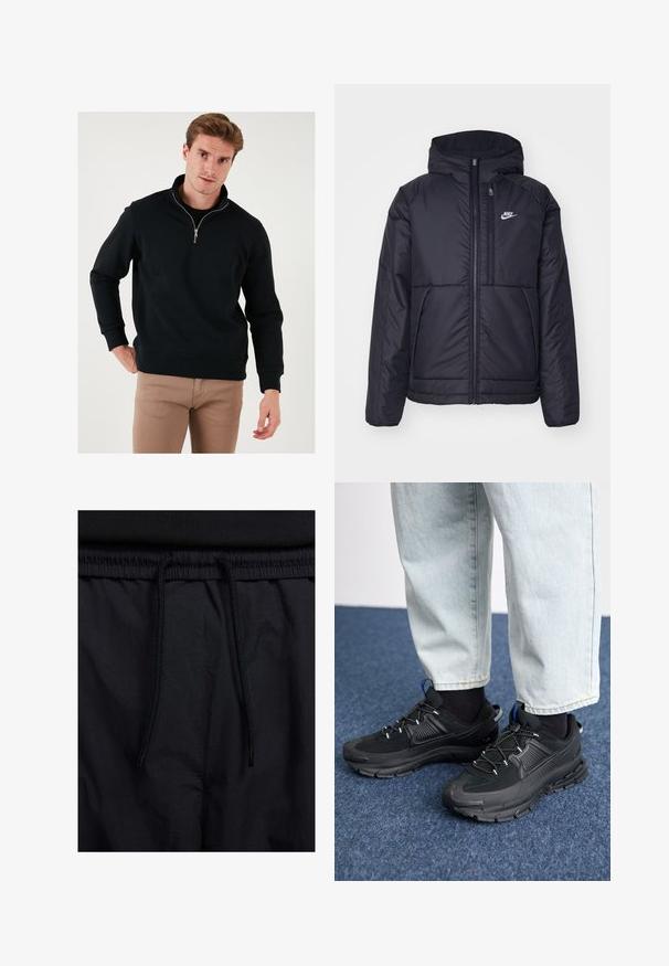 Črna, podložena Nike jakna z sprednjim zadrgo in kapuco. Ima bel logo na levem prsnem delu in dvojna sprednja žepa. Gladka zunanja tekstura.; Črna zip-up sweatshirt s visokim ovratnikom, dolgimi rokavi in sproščenim prileganjem. Narejena iz mehkega blaga z rebrastimi manšetami in robom.; Črne kratke hlače z vrvico v pasu, lahkotna tkanina z gladko teksturo in preprosto zasnovo brez vidnih logotipov ali vzorcev.; Črne športne čevlje z teksturirano tkanino in gumijastimi podplati, ki imajo elastične vezalke ter modre poudarke na peti. Nosi se z lahkimi denim hlačami.