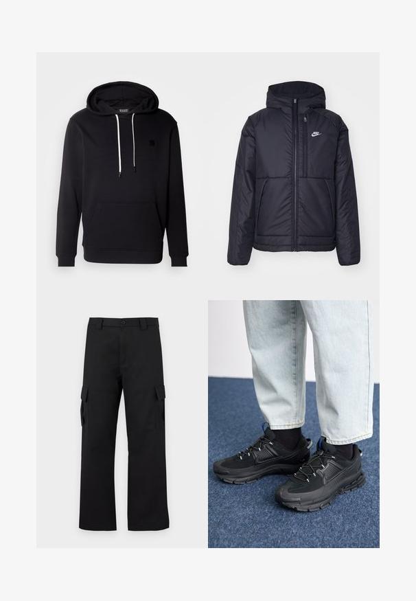Giacca Nike nera, imbottita, con zip frontale e cappuccio. Presenta un logo bianco sul lato sinistro del petto e doppie tasche frontali. Texture esterna liscia.; Felpa nera in tessuto morbido con tasca a kangaroo sul davanti, cappuccio regolabile con lacci e piccolo logo nero sulla parte anteriore.; Pantaloni cargo neri con design a gamba dritta. Realizzati in tessuto resistente, dotati di due tasche laterali con chiusura a pattina e chiusura con bottone.; Scarpe sportive nere con tessuto testurizzato e suole in gomma, dotate di lacci elastici e un accento blu sul tallone. Indossate con pantaloni in denim chiaro.