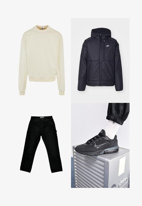 Zwarte, gewatteerde Nike-jas met een voorkant met ritssluiting en capuchon. Kenmerkt zich door een wit logo op de linkerborst en dubbele frontzakken. Gladde buitenkant.; Crème-kleurige sweatshirt gemaakt van zachte stof, met een ronde hals, lange mouwen en ribgebreide boorden en zoom. Geen patronen of graphics.; Zwarte denim cargobroek met een losse pasvorm, voorzien van twee zijzakken en een knoopsluiting. Gelaagde stof met een klassiek ontwerp.; Nike Sportswear PULSE - Sneakers laag - black/anthracite