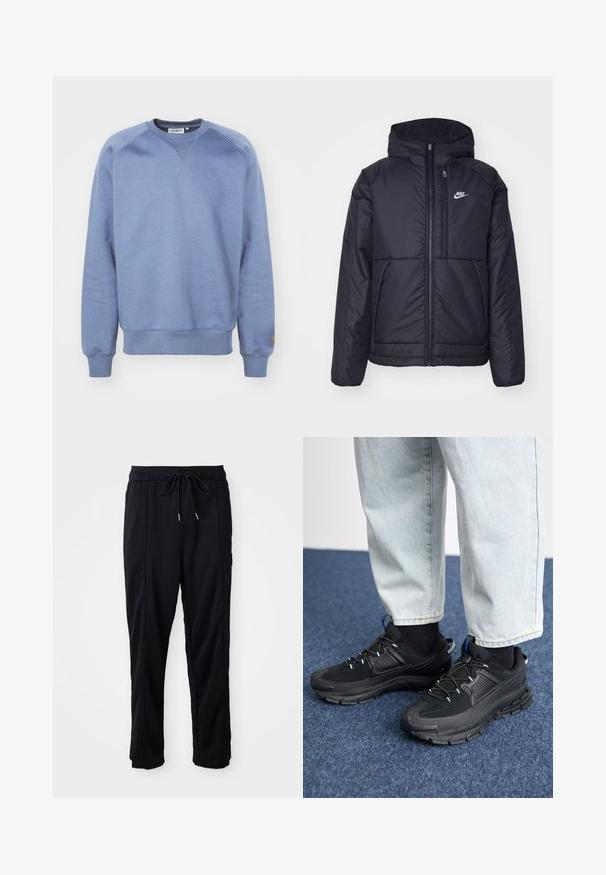 Black, padded Nike jacket with a front zipper and hood. Features a white logo on the left chest and dual front pockets. Smooth exterior texture.; Carhartt WIP CHASE - Sweatshirt - positano/gold; Black drawstring waist casual pants with side seam pockets and straight leg cut on a plain background.; Black athletic shoes with textured fabric and rubber soles, featuring elastic laces and a blue accent on the heel. Worn with light denim pants.