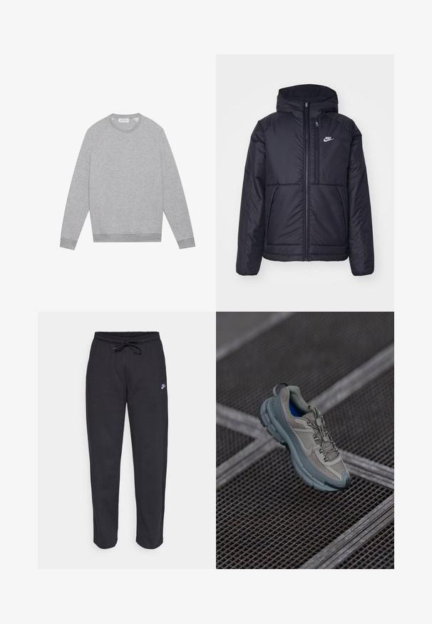 Veste Nike noire rembourrée avec une fermeture éclair sur le devant et une capuche. Elle présente un logo blanc sur la poitrine gauche et deux poches avant. Texture extérieure lisse.; Sweat-shirt à col rond gris clair à manches longues avec des poignets et un ourlet côtelés, présenté à plat sur un fond uni.; Pantalons de survêtement noirs en tissu doux, avec une taille élastique, un cordon de serrage et un petit logo Nike sur la cuisse gauche.; Chaussure de sport beige et grise avec une tige en maille texturée, un bout arrondi et une semelle en caoutchouc, comportant des lacets et un col rembourré.