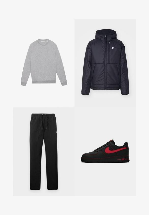 Casaco Nike preto, acolchoado, com fecho à frente e capuz. Apresenta um logo branco no lado esquerdo do peito e dois bolsos frontais. Textura exterior lisa.; Sweatshirt cinza claro de manga longa com decote redondo, com punhos e bainha canelados, exibido de forma plana sobre um fundo simples.; Calças de fato de treino pretas feitas de polar, com uma cintura elástica e cordões, dois bolsos frontais e um pequeno logótipo na coxa.; Sapatilhas Nike Air Force 1 em couro preto com detalhes em vermelho, apresentando uma textura suave, biqueira perfurada e pespontos em vermelho contrastantes.