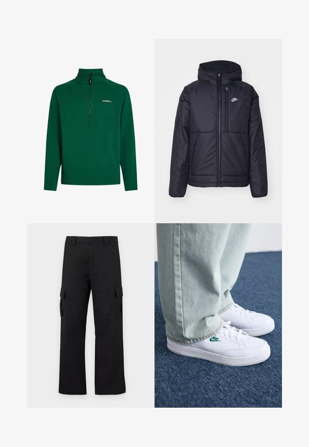 Črna, podložena Nike jakna z sprednjim zadrgo in kapuco. Ima bel logo na levem prsnem delu in dvojna sprednja žepa. Gladka zunanja tekstura.; Zeleni flis pulover s pol zadrgo in ojačenim šivom, ki ima logotip na levem prsnem košu. Mehka tekstura. Dolgi rokavi.; Črne cargo hlače s ravnim krojem. Narejene so iz trpežnega materiala in imajo dve stranski žepi s poklopcem ter gumbasto zaponko.; Bela usnjena športna obutev z zelenim Nike logotipom, okrogla konica, ravna podplat, v kombinaciji z svetlo modrimi kavbojkami, prikazana na modrem preprogu.