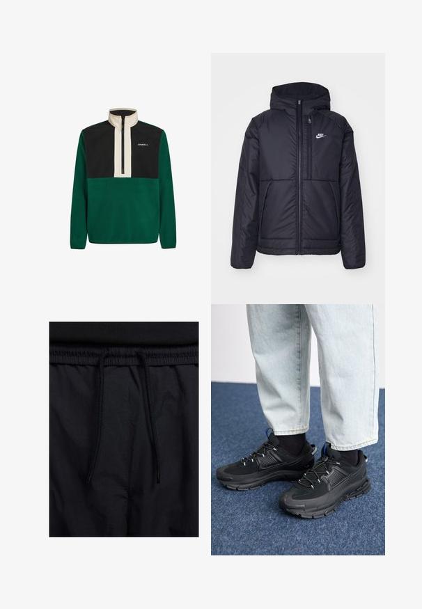 Giacca Nike nera, imbottita, con zip frontale e cappuccio. Presenta un logo bianco sul lato sinistro del petto e doppie tasche frontali. Texture esterna liscia.; Pullover in pile verde e nero con colletto alto, zip parziale frontale e logo. Presenta colori solidi e una texture morbida in tutto il capo.; Shorts neri con vita regolabile tramite coulisse, tessuto leggero con una texture liscia e un design semplice senza loghi o motivi visibili.; Scarpe sportive nere con tessuto testurizzato e suole in gomma, dotate di lacci elastici e un accento blu sul tallone. Indossate con pantaloni in denim chiaro.
