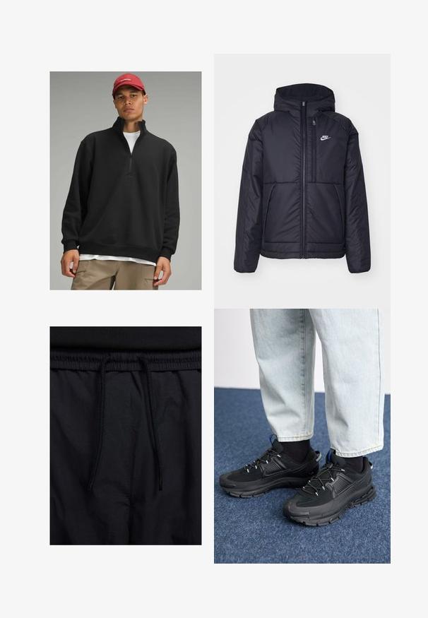 Svart, vadderad Nike-jacka med dragkedja framtill och huva. Har en vit logotyp på vänster bröst och dubbla framfickor. Slät yttextur.; lululemon STEADY STATE HALF-ZIP - Fleecetröja - black; Svarta shorts med dragsko i midjan, lättviktig tyg med en slät yta och en enkel design utan synliga logotyper eller mönster.; Svarta sportskor med texturerat tyg och gummisulor, med elastiska snörningar och en blå detalj på hälen. Bärs med ljusa jeans.