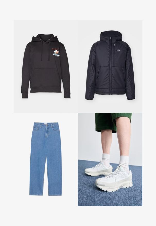 Jachetă Nike neagră, căptușită, cu fermoar pe față și glugă. Prezintă un logo alb pe pieptul stâng și două buzunare frontale. Textură exterioară netedă.; Hanorac negru din bumbac, cu un buzunar frontal, glugă cu șnur și un grafic brodat cu nori și text pe piept.; Jeans din denim de culoare albastru deschis, cu croială dreaptă, design cu cinci buzunare, închidere cu un singur buton și detalii subtile de cusătură pe cusături.; Pantofi sport albi cu suprapuneri texturate, talpă masivă și accente gri. Purtați cu șosete albe până la glezne și pantaloni scurți verzi pe o suprafață albastră.