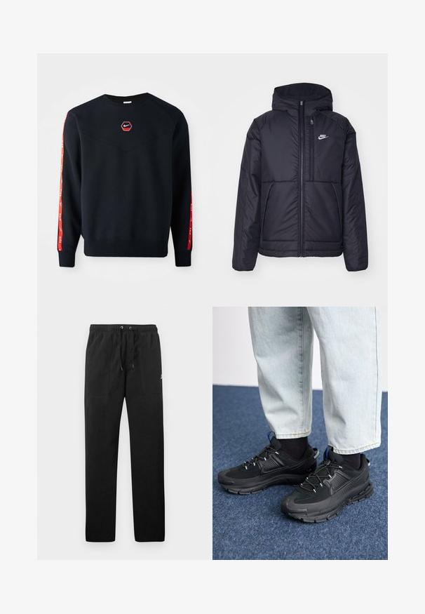 Fekete, párnázott Nike dzseki elülső cipzárral és kapucnival. A bal mellen fehér logó található, valamint két elülső zseb. Simának tűnő külső felület.; Tengerészkék pulóver, piros hatszögletű Nike logóval a mellrészen. Piros részletek találhatók az ujjak mentén, és a textúrája puha.; Fekete, bolyhos anyagú melegítők, elasztikus derékkal és húzózsinórral, két elülső zsebbel és egy kisméretű logóval a combján.; Fekete sportcipők texturált anyaggal és gumitalppal, elasztikus fűzőkkel és kék kiegészítővel a saroknál. Világos farmernadrággal viselve.