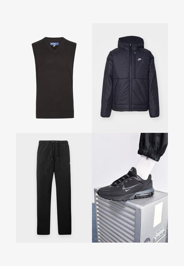 Zwarte, gewatteerde Nike-jas met een voorkant met ritssluiting en capuchon. Kenmerkt zich door een wit logo op de linkerborst en dubbele frontzakken. Gladde buitenkant.; Blend BHLARSSON - Trui - black; Zwarte sweatpants van fleece, met een elastische tailleband met trekkoorden, twee voorzakken en een klein logo op de dij.; Nike Sportswear PULSE - Sneakers laag - black/anthracite