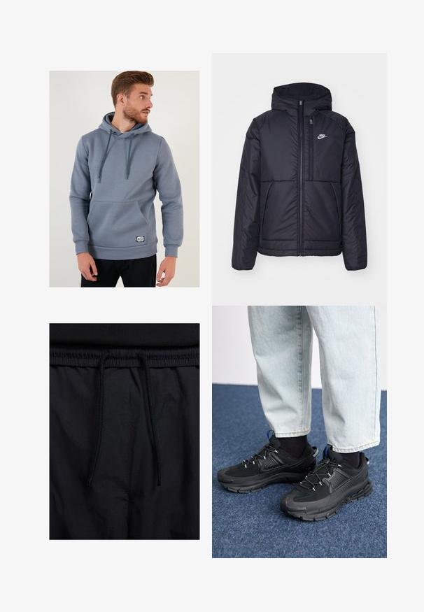 Chaqueta acolchada negra de Nike con cremallera frontal y capucha. Presenta un logo blanco en el lado izquierdo del pecho y dos bolsillos frontales. Textura exterior suave.; Sudadera gris con bolsillo frontal, capucha ajustable con cordón, puños y dobladillo acanalados, hecha de un material suave y liso. Presenta un parche con el logo.; Pantalones cortos negros con cinturilla ajustable, tejido ligero con una textura suave y un diseño sencillo sin logotipos visibles ni patrones.; Zapatillas deportivas negras con tejido texturizado y suelas de goma, con cordones elásticos y un acento azul en el talón. Combinadas con pantalones de mezclilla claros.