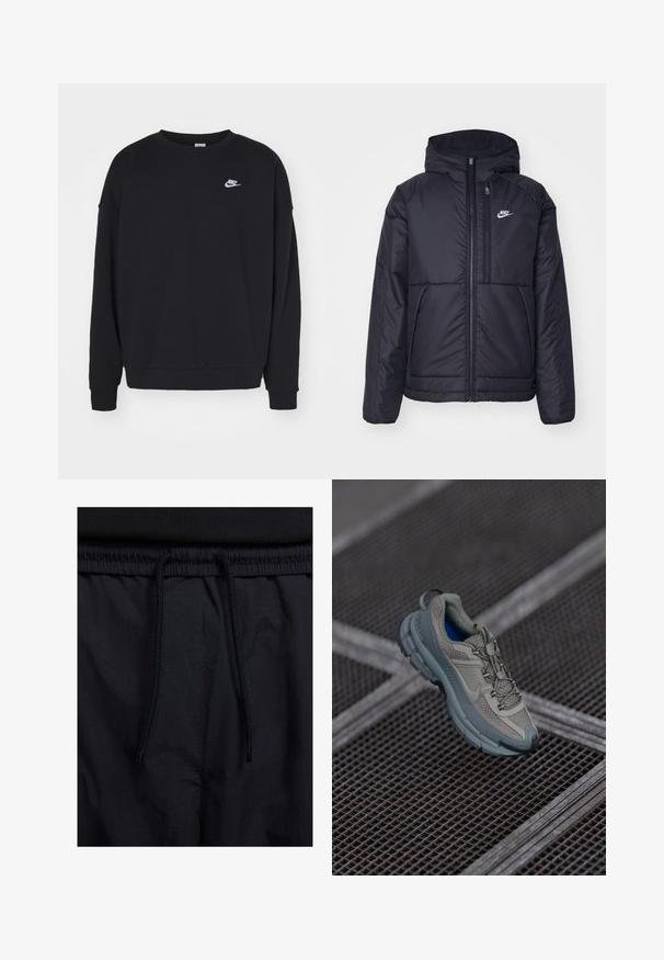 Μαύρο, επενδυμένο μπουφάν Nike με μπροστινό φερμουάρ και κουκούλα. Διαθέτει λευκό λογότυπο στο αριστερό στήθος και διπλές μπροστινές τσέπες. Λείο εξωτερικό υλικό.; Nike Sportswear CLUB CREW - Φούτερ - black; Μαύρο σορτσάκι με ζωνάκι που ρυθμίζεται, ελαφρύ ύφασμα με απλή υφή και απλό σχέδιο χωρίς ορατά λογότυπα ή μοτίβα.; Πετρόλ και γκρι αθλητικό παπούτσι με υφασμάτινη επένδυση, στρογγυλή μύτη και καουτσουκέιν σόλα, διαθέτοντας κορδόνια και μαξιλαρωμένη περιφέρεια.