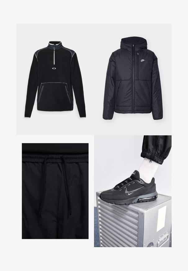 Zwarte, gewatteerde Nike-jas met een voorkant met ritssluiting en capuchon. Kenmerkt zich door een wit logo op de linkerborst en dubbele frontzakken. Gladde buitenkant.; Fleece pullover in het zwart met een hoge kraag, een ritssluiting van halve lengte aan de voorkant, twee zijzakken en contrasterende stiksels in grijze en marineblauwe accenten.; Zwarte shorts met een drawstring tailleband, lichtgewicht stof met een zachte textuur en een eenvoudig ontwerp zonder zichtbare logo's of patronen.; Nike Sportswear PULSE - Sneakers laag - black/anthracite