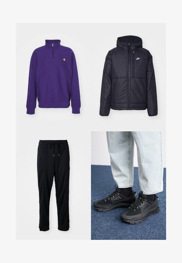 Veste Nike noire rembourrée avec une fermeture éclair sur le devant et une capuche. Elle présente un logo blanc sur la poitrine gauche et deux poches avant. Texture extérieure lisse.; Carhartt WIP HALF ZIP AMERICAN SCRIPT - Sweatshirt - aura; Pantalons décontractés noirs à taille à cordon de serrage avec poches latérales et coupe droite sur fond uni.; Des chaussures de sport noires avec un tissu texturé et des semelles en caoutchouc, dotées de lacets élastiques et d'un accent bleu au talon. Portées avec un pantalon en denim clair.