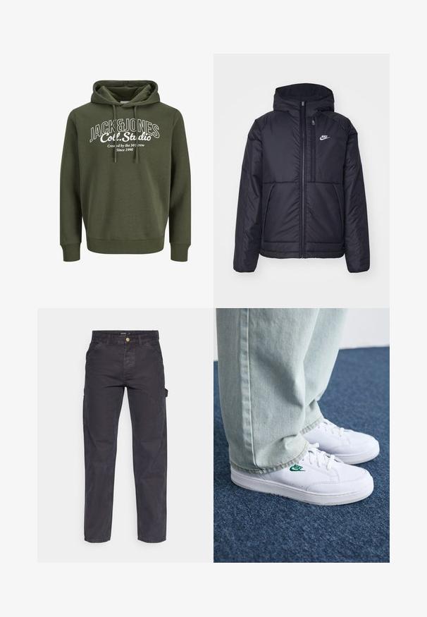 Črna, podložena Nike jakna z sprednjim zadrgo in kapuco. Ima bel logo na levem prsnem delu in dvojna sprednja žepa. Gladka zunanja tekstura.; Olivno zelena kapuca z vrvico, ki ima bel grafični tisk z napisom "JACK&JONES Coll. Studio." Mehka tkanina, sproščen kroj.; Temno sivi cargo hlače iz trpežnega materiala, z ravnim krojem nogavic, petimi žepi in gumbom za zapiranje v pasu.; Bela usnjena športna obutev z zelenim Nike logotipom, okrogla konica, ravna podplat, v kombinaciji z svetlo modrimi kavbojkami, prikazana na modrem preprogu.