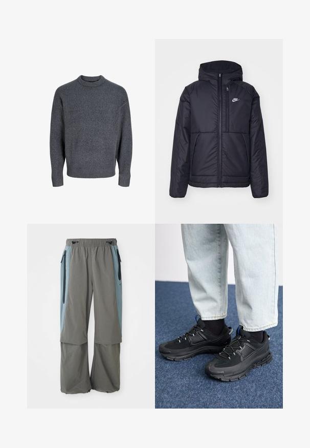 Veste Nike noire rembourrée avec une fermeture éclair sur le devant et une capuche. Elle présente un logo blanc sur la poitrine gauche et deux poches avant. Texture extérieure lisse.; Pull gris en tissu doux, avec un col rond côtelé et des poignets côtelés, au design simple et classique et à la surface texturée.; Pantalons d'extérieur gris avec un design à jambes larges, dotés de panneaux latéraux bleu marine et de poches zippées. Confectionnés dans un matériau léger et respirant.; Des chaussures de sport noires avec un tissu texturé et des semelles en caoutchouc, dotées de lacets élastiques et d'un accent bleu au talon. Portées avec un pantalon en denim clair.