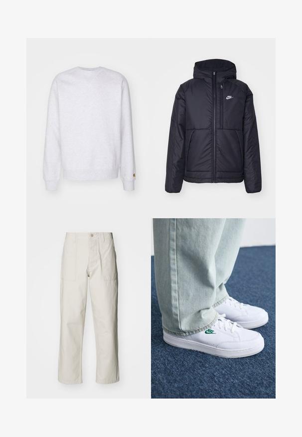 Black, padded Nike jacket with a front zipper and hood. Features a white logo on the left chest and dual front pockets. Smooth exterior texture.; Light grey sweatshirt featuring a crew neckline, long sleeves, ribbed cuffs, and a small logo patch near the hem. Made of soft fabric.; Light beige wide-leg pants made of cotton. Features front pockets and a button closure. Smooth texture with subtle vertical lines.; White leather sneakers with green Nike logo, round toe, flat sole, paired with light blue denim pants, shown on a blue carpet.