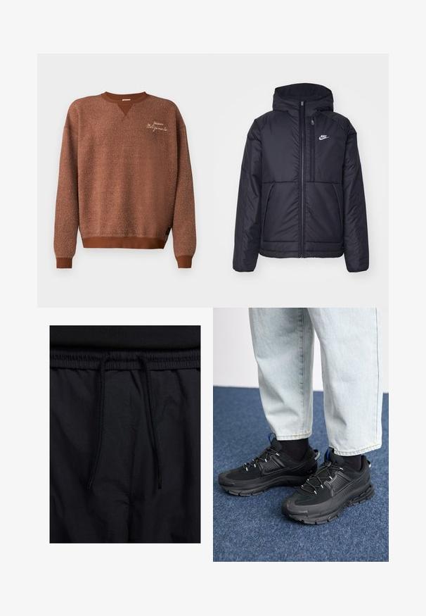 Czarna, pikowana kurtka Nike z przednim zamkiem błyskawicznym i kapturem. Posiada białe logo po lewej stronie klatki piersiowej oraz podwójne kieszenie z przodu. Gładka struktura zewnętrzna.; Brązowa bluza z teksturowanym wykończeniem, z dekoltem w kształcie litery V i ściągaczami na rękawach. Haftowana metka z napisem "Guess Originals."; Czarne szorty z elastycznym paskiem na sznurku, lekkiego materiału o gładkiej fakturze oraz prostym wzornictwie bez widocznych logo czy wzorów.; Czarne buty sportowe z teksturowanej tkaniny i gumowymi podeszwami, z elastycznymi sznurówkami i niebieskim akcentem na pięcie. Noszone z jasnymi dżinsami.