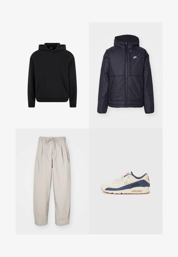 Chaqueta acolchada negra de Nike con cremallera frontal y capucha. Presenta un logo blanco en el lado izquierdo del pecho y dos bolsillos frontales. Textura exterior suave.; Sudadera negra de felpa suave con un bolsillo canguro en la parte frontal, puños de canalé y capucha con cordón. Diseño clásico y versátil.; Pantalones ligeros color beige con cintura elástica y cordón de ajuste. Presentan pliegues y un corte holgado, elaborados con una tela suave y lisa.; Zapatillas con parte superior de cuero crema y gamuza azul marino, que presentan una suela de aire visible, suela de goma beige y un acento rojo en el talón.