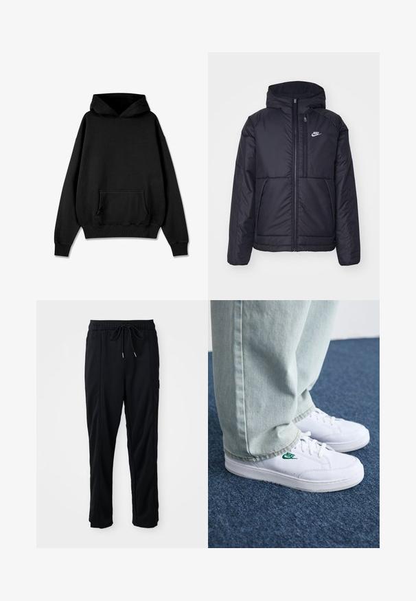Casaco Nike preto, acolchoado, com fecho à frente e capuz. Apresenta um logo branco no lado esquerdo do peito e dois bolsos frontais. Textura exterior lisa.; Pegador LOGO - Sweatshirt com capuz - vintage black black; Calças casuais pretas com cordão na cintura, com bolsos laterais e corte reto, sobre um fundo simples.; Tênis de couro brancos com logo verde da Nike, bico redondo, sola plana, combinados com calças de denim azul claro, exibidos sobre um tapete azul.