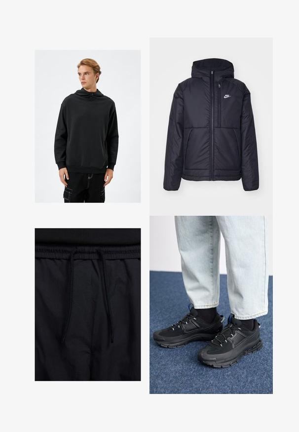 Svart, vadderad Nike-jacka med dragkedja framtill och huva. Har en vit logotyp på vänster bröst och dubbla framfickor. Slät yttextur.; Svart huvtröja i mjukt tyg, med hög krage och knappdetalj, känguruficka och ribbade ärmslut.; Svarta shorts med dragsko i midjan, lättviktig tyg med en slät yta och en enkel design utan synliga logotyper eller mönster.; Svarta sportskor med texturerat tyg och gummisulor, med elastiska snörningar och en blå detalj på hälen. Bärs med ljusa jeans.