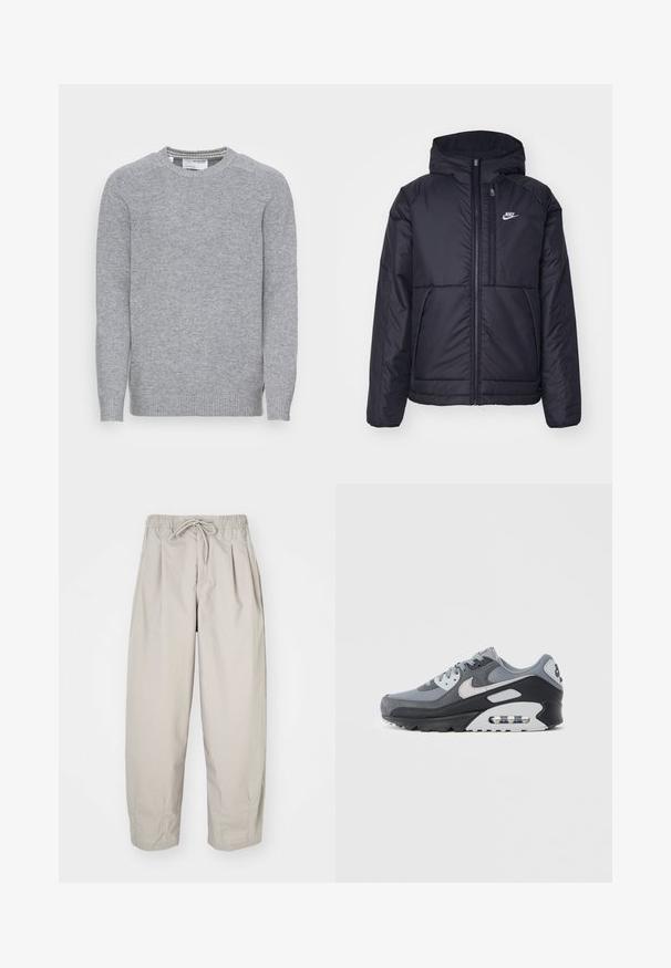 Musta, pehmustettu Nike-takki, jossa on etuvetoketju ja huppu. Vasemmassa rinnassa on valkoinen logo ja takissa on kaksinkertaiset etutaskut. Pintakoe on sileä.; Harmaa neulottu neuletakki, jossa on pyöreä pääntie, ribbaus hihansuissa ja helmassa. Sujuva pinta ja yksinkertainen, klassinen muotoilu, jossa on sivuhalkiot.; Haal beige, kevyet housut, joissa on joustava vyötärö ja nauhakuulut. Täydentää pleatit ja löysä istuvuus, valmistettu pehmeästä, sileästä kankaasta.; Harmaa lenkkitossu, jossa yhdistelmä verkkokangasta ja mokkanahkaa, musta pohja ja näkyvä ilmayksikkö. Huomattavat vaaleanharmaat yksityiskohdat ja nauhat.