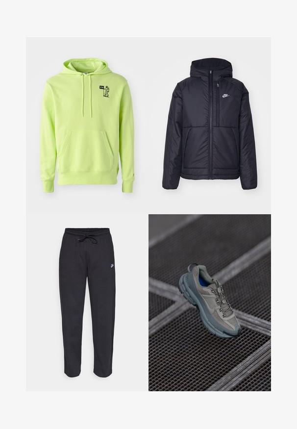 Μαύρο, επενδυμένο μπουφάν Nike με μπροστινό φερμουάρ και κουκούλα. Διαθέτει λευκό λογότυπο στο αριστερό στήθος και διπλές μπροστινές τσέπες. Λείο εξωτερικό υλικό.; Νεον πράσινο φούτερ από μαλακό ύφασμα, με μπροστινή τσέπη, κουκούλα με κορδόνι και ένα μικρό μαύρο γραφικό αστροναύτη στο στήθος.; Μαύρες φόρμες από μαλακό ύφασμα με ελαστική μέση, κορδόνι και μικρό λογότυπο Nike στο αριστερό μηρό.; Πετρόλ και γκρι αθλητικό παπούτσι με υφασμάτινη επένδυση, στρογγυλή μύτη και καουτσουκέιν σόλα, διαθέτοντας κορδόνια και μαξιλαρωμένη περιφέρεια.