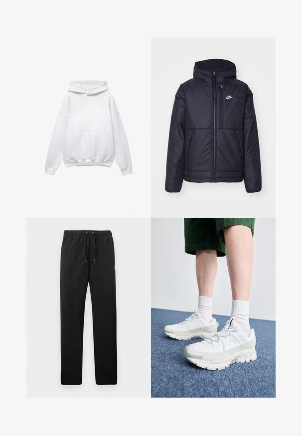 Fekete, párnázott Nike dzseki elülső cipzárral és kapucnival. A bal mellen fehér logó található, valamint két elülső zseb. Simának tűnő külső felület.; Szürke kapucnis pulóver, puha pamutkeverékből készült. Elöl zsebe van, bordázott mandzsettákkal és alsó résszel. Kényelmes szabású, nincs mintázat vagy díszítés.; Fekete, bolyhos anyagú melegítők, elasztikus derékkal és húzózsinórral, két elülső zsebbel és egy kisméretű logóval a combján.; Fehér sportcipők texturált burkolattal, vastag talppal és szürke részletekkel. Fehér sportzoknival és zöld rövidnadrággal viselve, kék felületen.