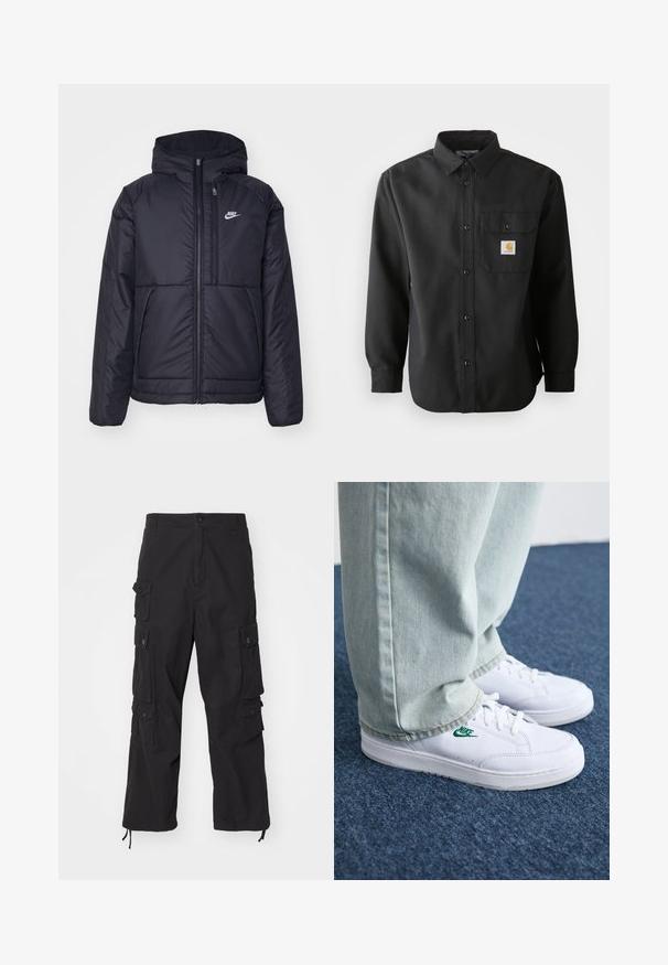 Juodas, paminkštintas Nike džemperis su priekyje užtrauktuku ir gobtuvu. Pasižymi balta logo kairėje krūtinės pusėje ir dviem priekinėmis kišenėmis. Su lygiu išoriniu paviršiumi.; Juodas ilgas rankovės marškinėliai su mygtukų uždarymu, smailiu apykakle ir krūtinės kišenę, kurioje yra logotipo pleistras. Minkšta, tekstūruota medžiaga.; Carhartt WIP TRACKER PANT - Kareiviško stiliaus kelnės - black; Balti odiniai sportbačiai su žaliu Nike logotipu, apvalia nosimi, plokščiu padu, derinami su šviesiai mėlynomis džinsinėmis kelnėmis, rodomi ant mėlynos kiliminės dangos.